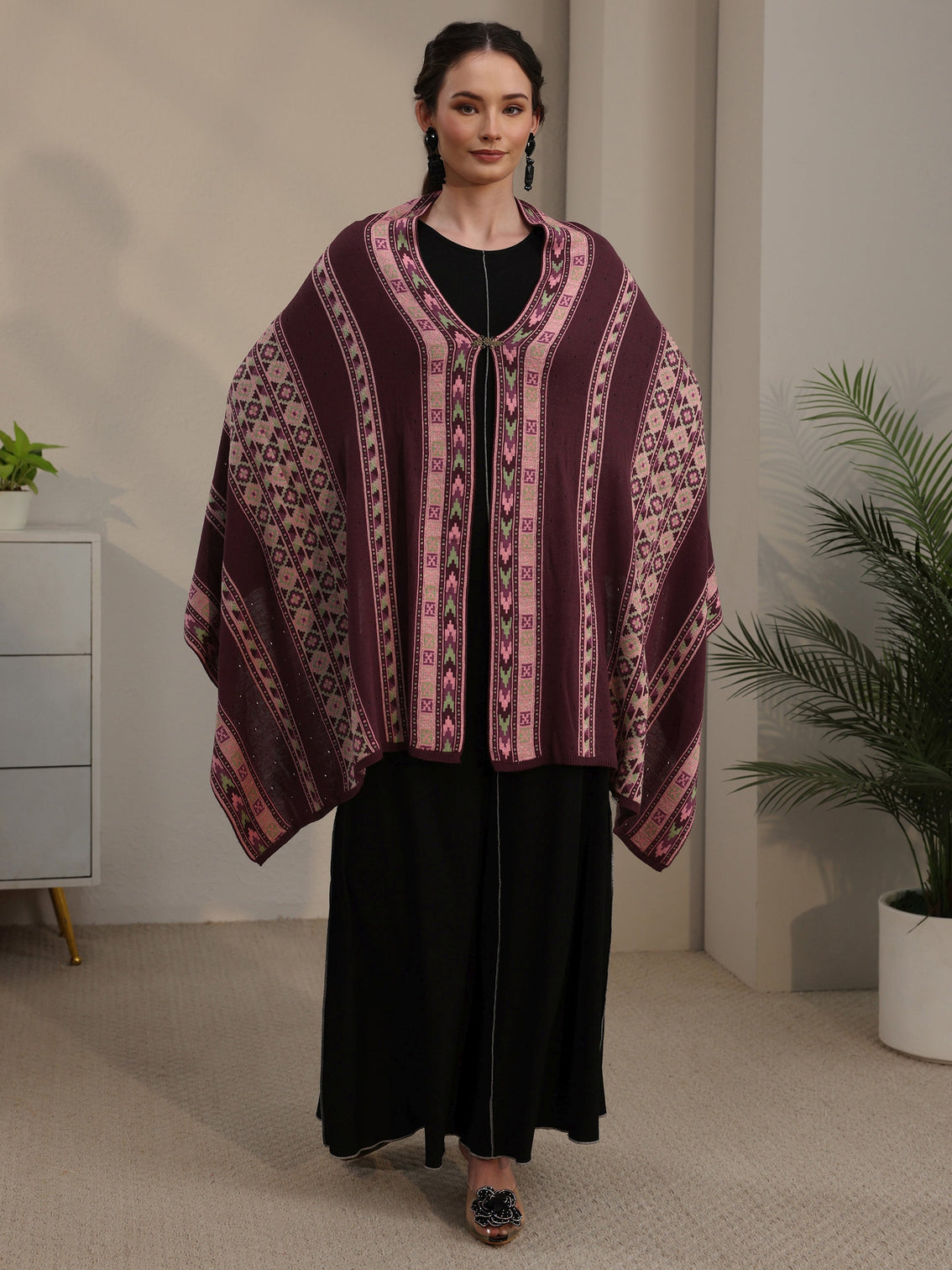 Mameraa Maroon Geometric Knitted Acrylic Wrap Shawl