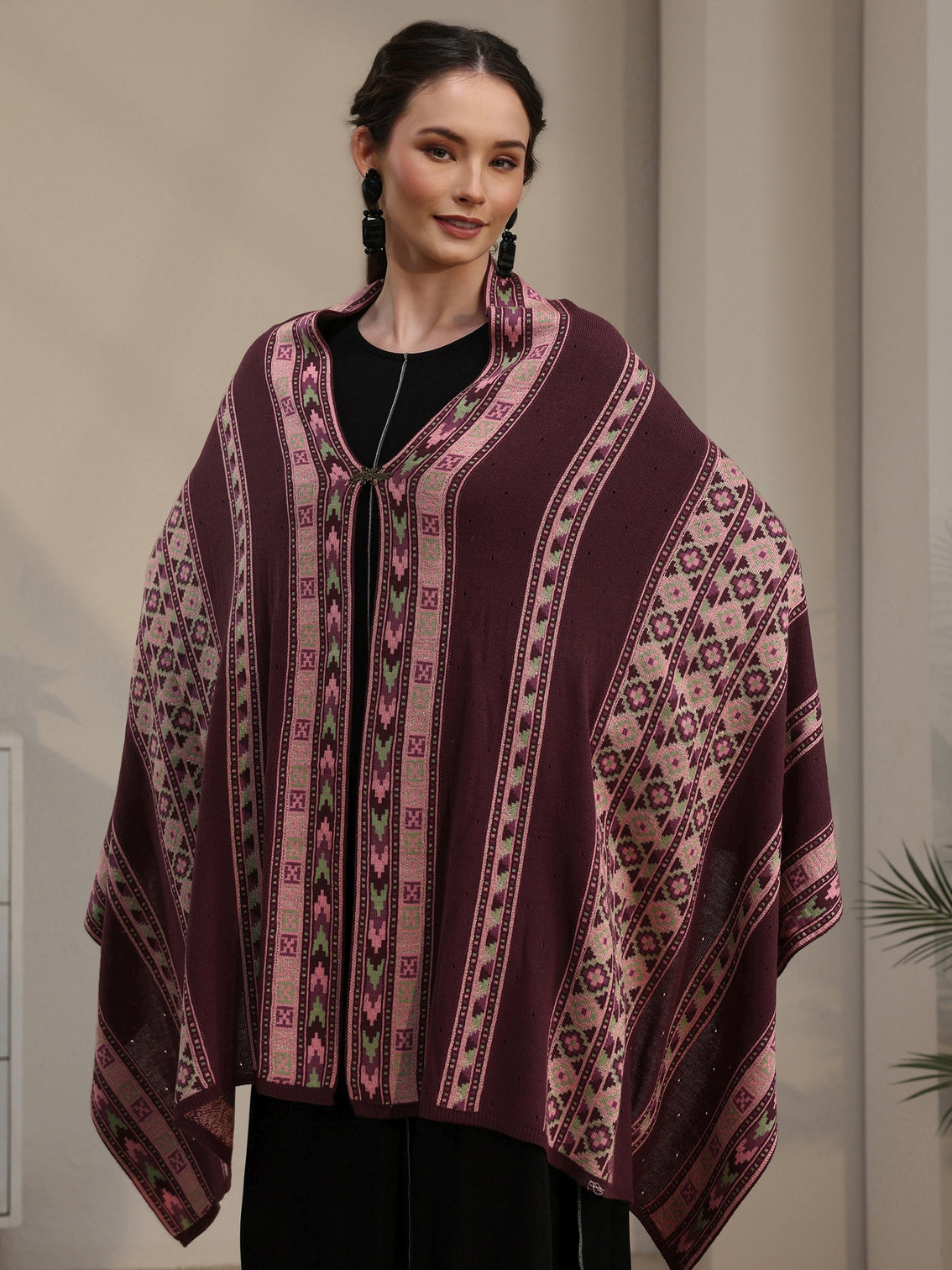 Mameraa Maroon Geometric Knitted Acrylic Wrap Shawl