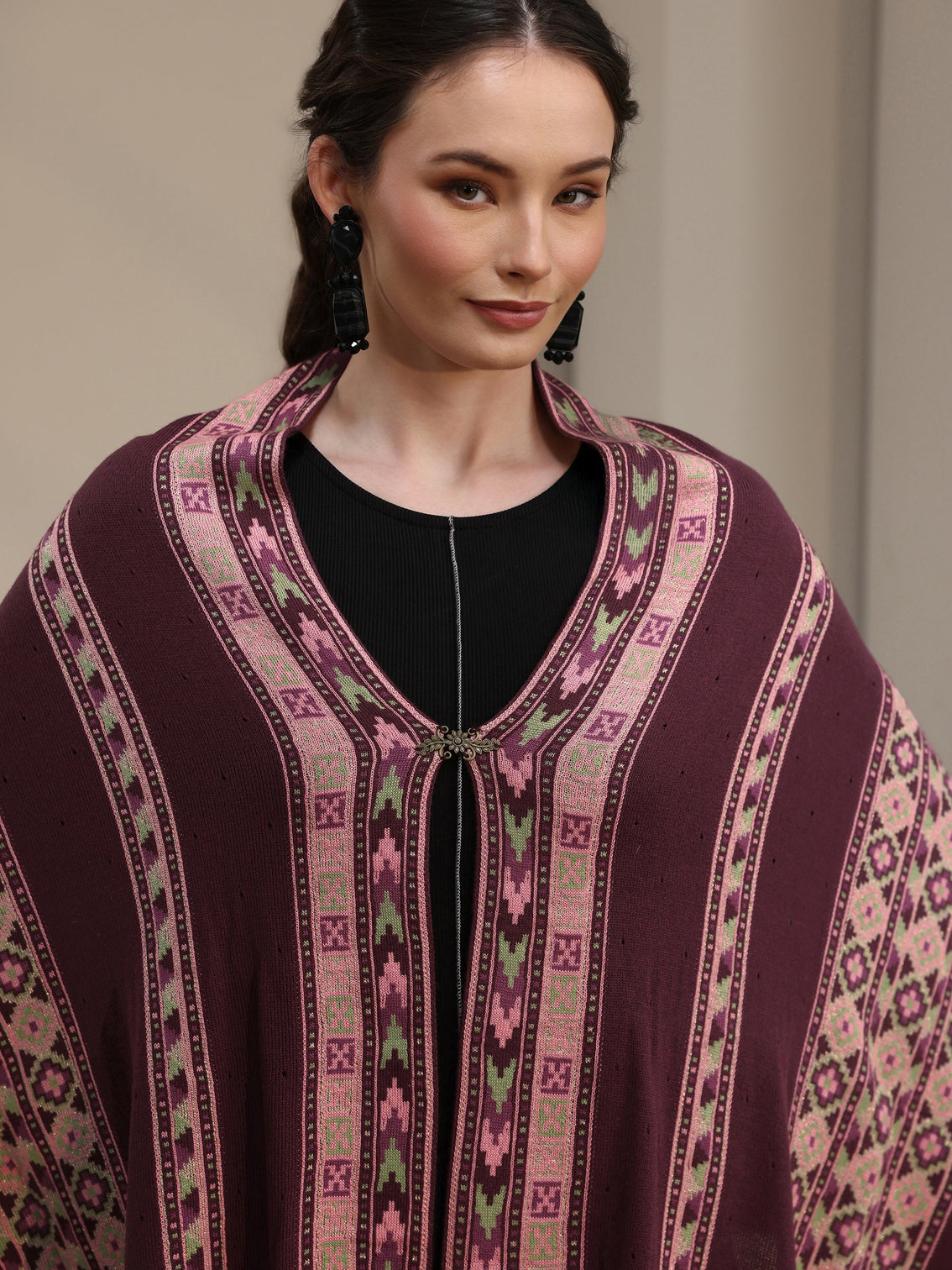 Mameraa Maroon Geometric Knitted Acrylic Wrap Shawl