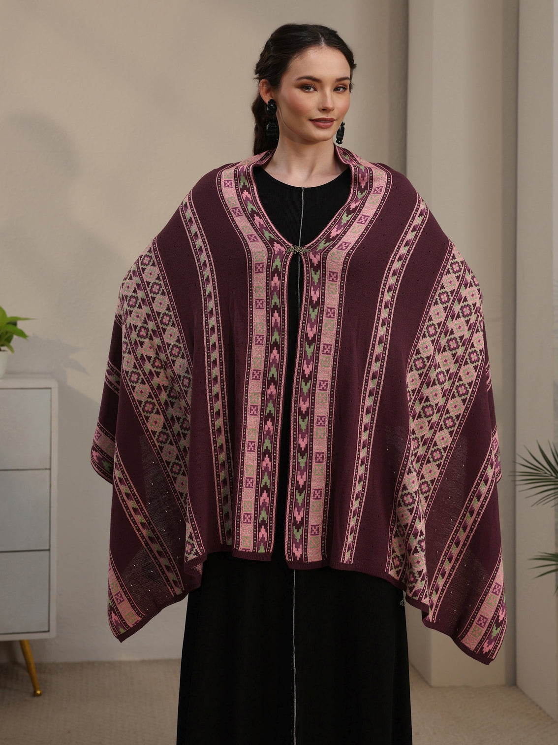 Mameraa Maroon Geometric Knitted Acrylic Wrap Shawl
