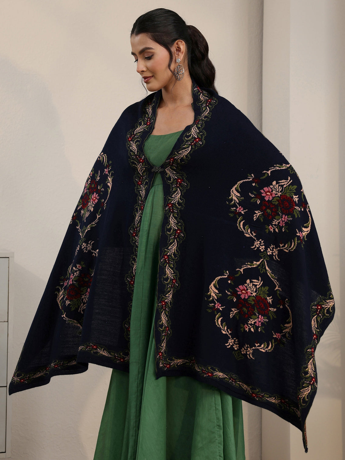 Mameraa Navy Blue Floral Knitted Acrylic Wrap Shawl
