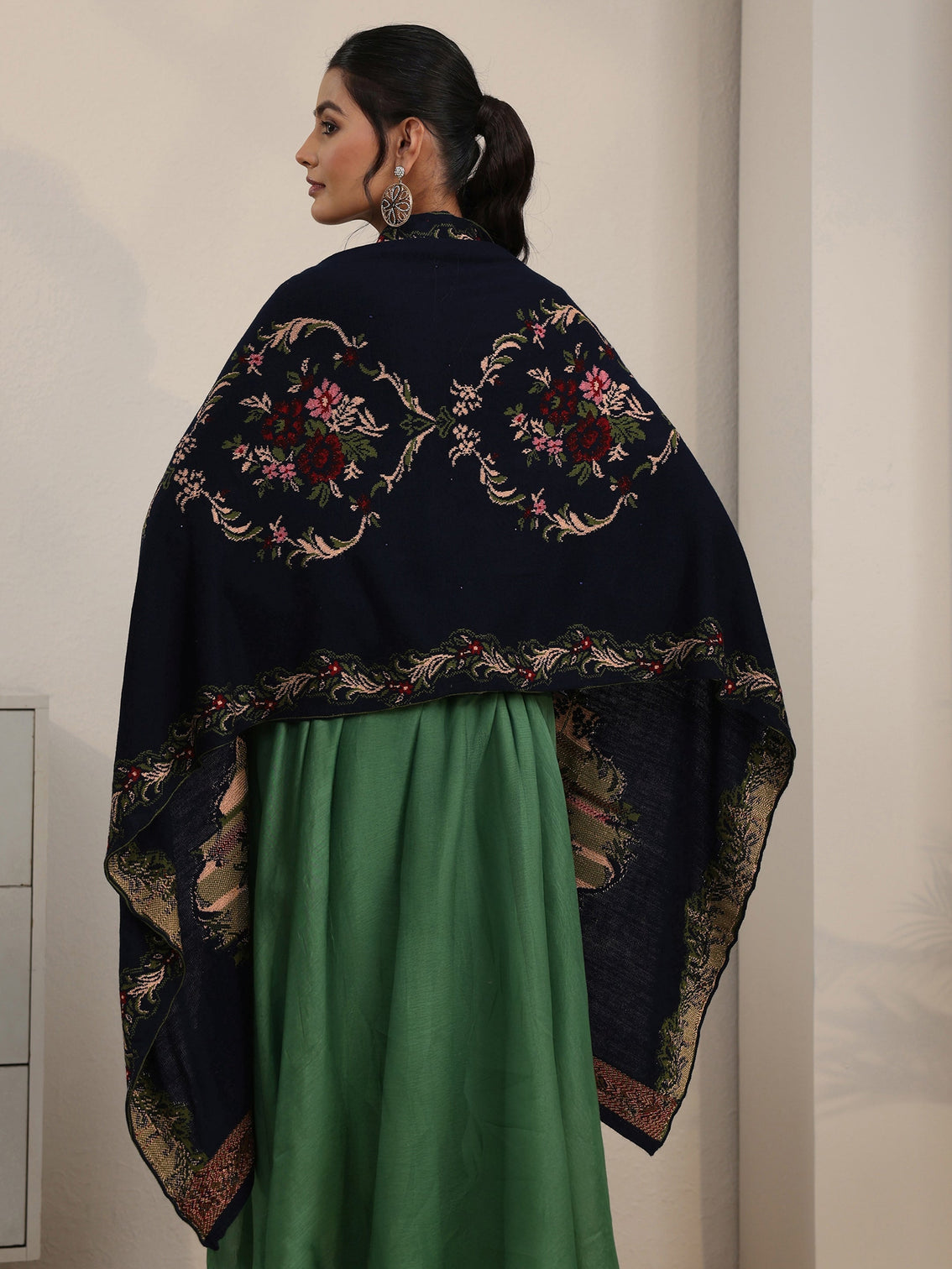 Mameraa Navy Blue Floral Knitted Acrylic Wrap Shawl