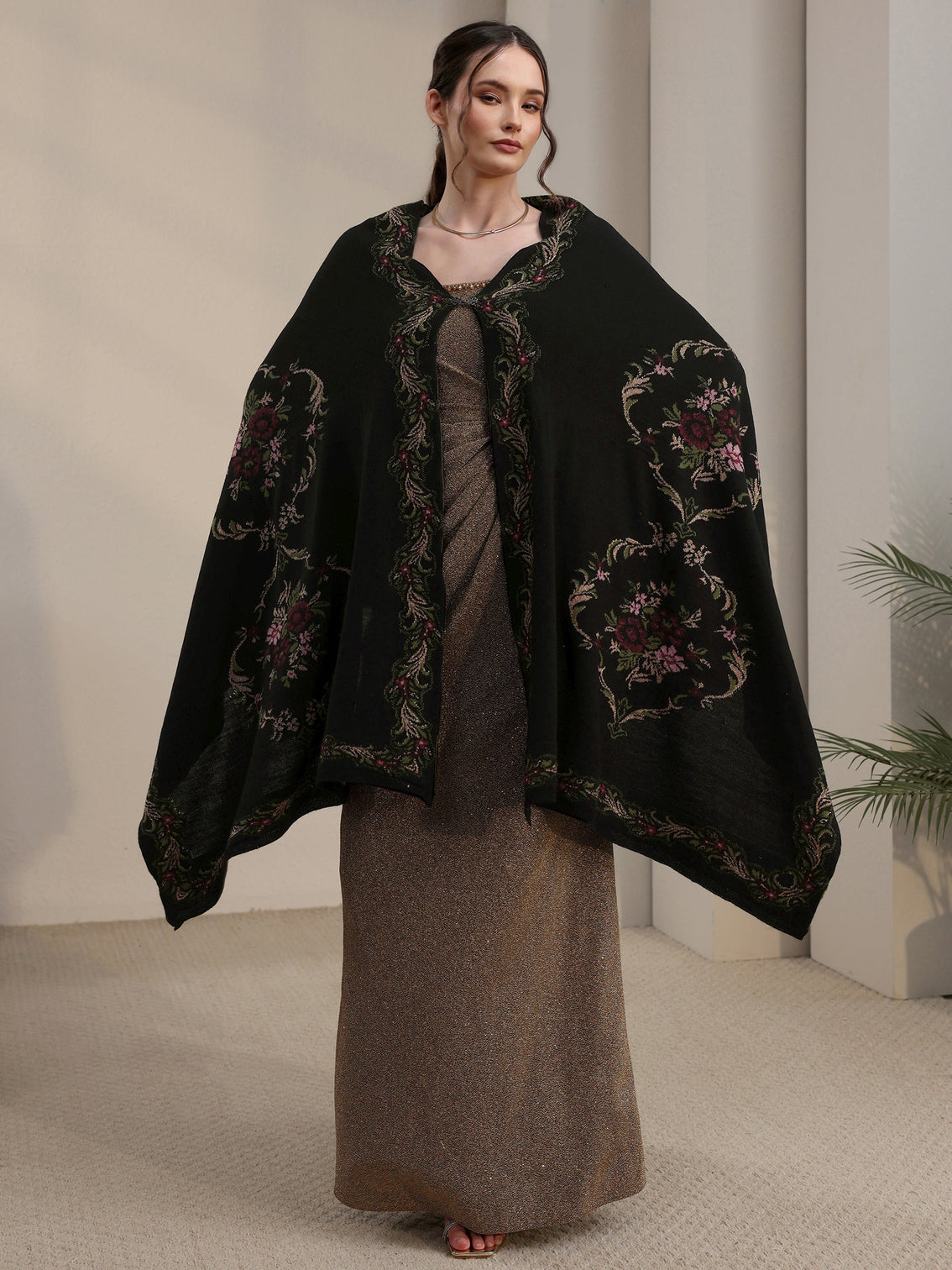 Mameraa Black Floral Knitted Acrylic Wrap Shawl
