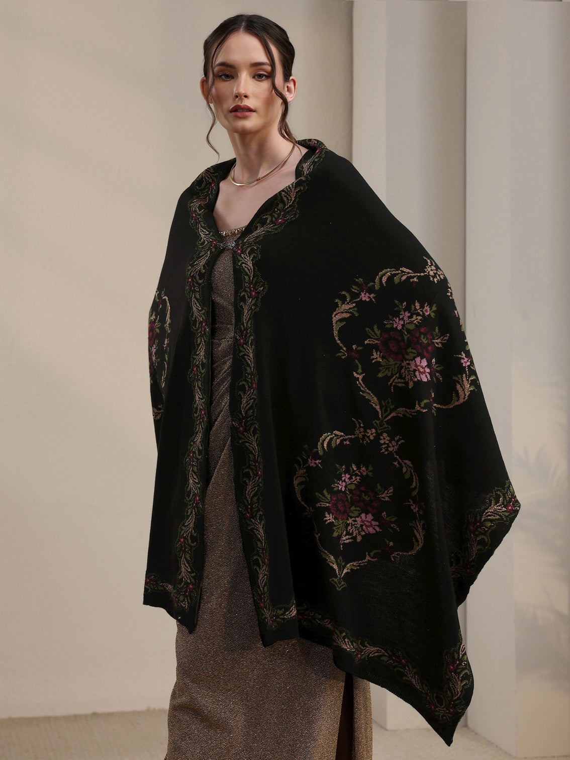 Mameraa Black Floral Knitted Acrylic Wrap Shawl