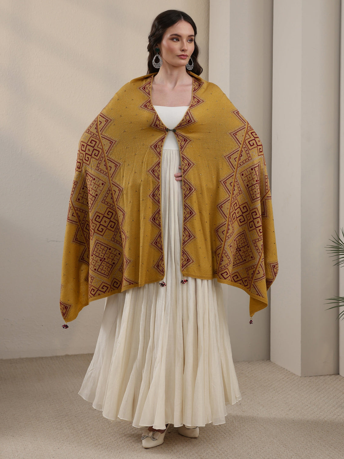 Mameraa Mustard Geometric Knitted Acrylic Wrap Shawl