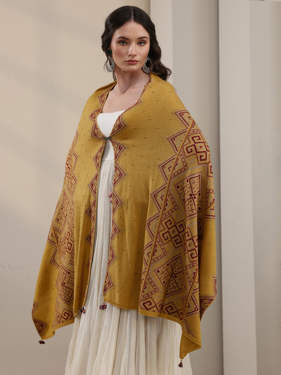 Mameraa Mustard Geometric Knitted Acrylic Wrap Shawl