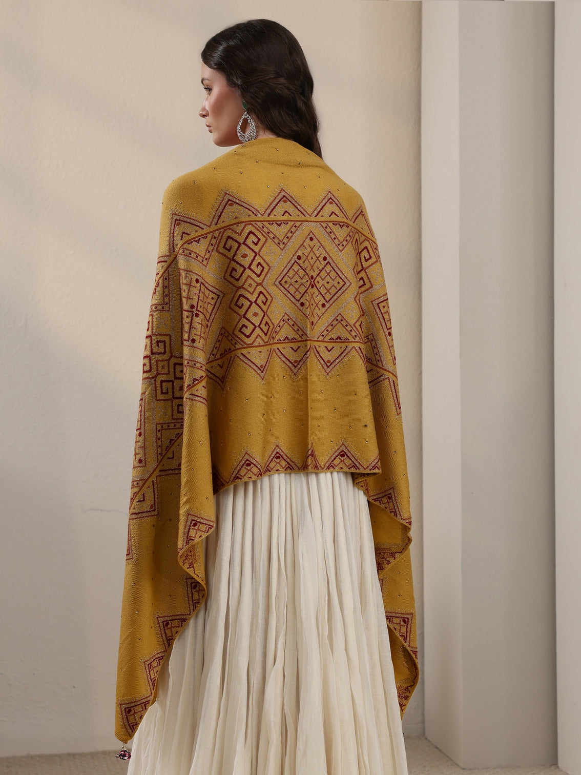 Mameraa Mustard Geometric Knitted Acrylic Wrap Shawl