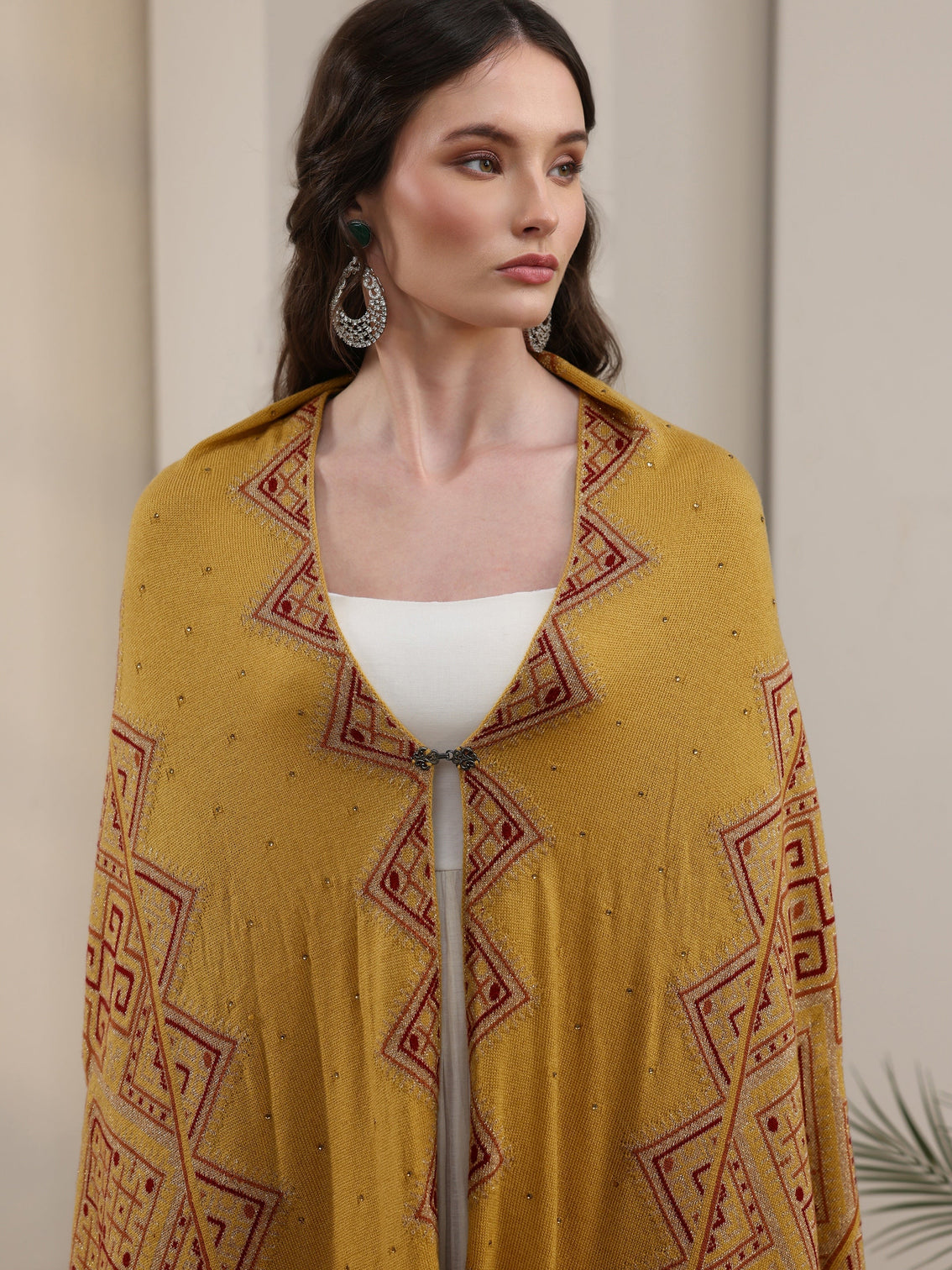 Mameraa Mustard Geometric Knitted Acrylic Wrap Shawl