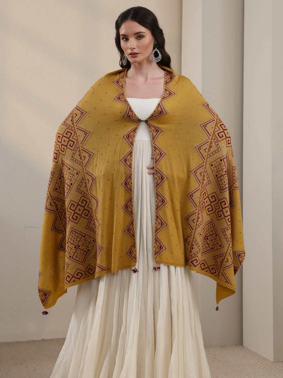 Mameraa Mustard Geometric Knitted Acrylic Wrap Shawl