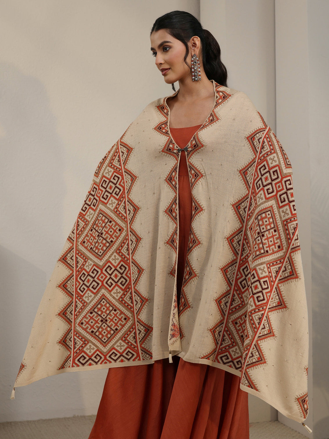 Mameraa Beige Geometric Knitted Acrylic Wrap Shawl