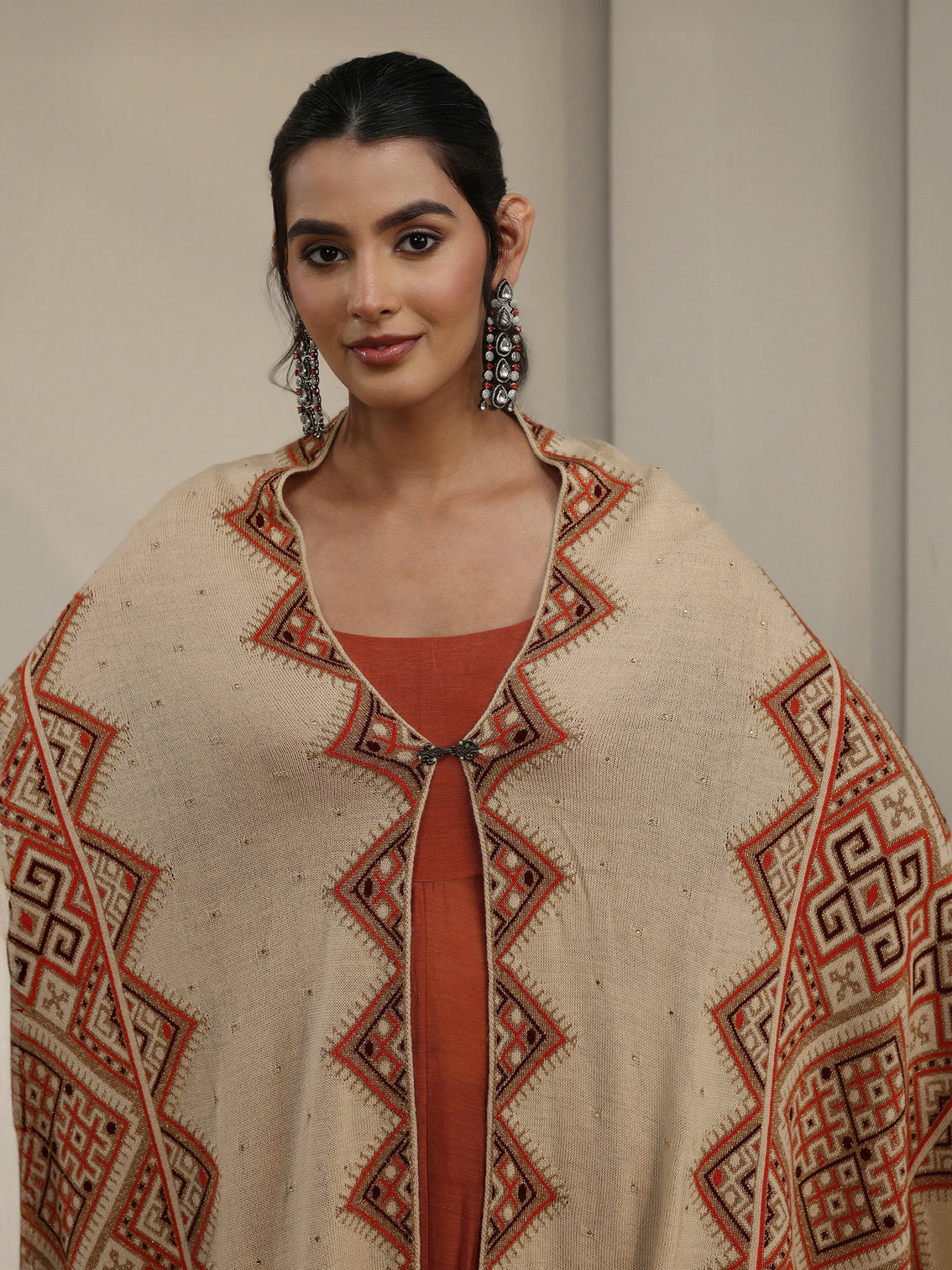 Mameraa Beige Geometric Knitted Acrylic Wrap Shawl