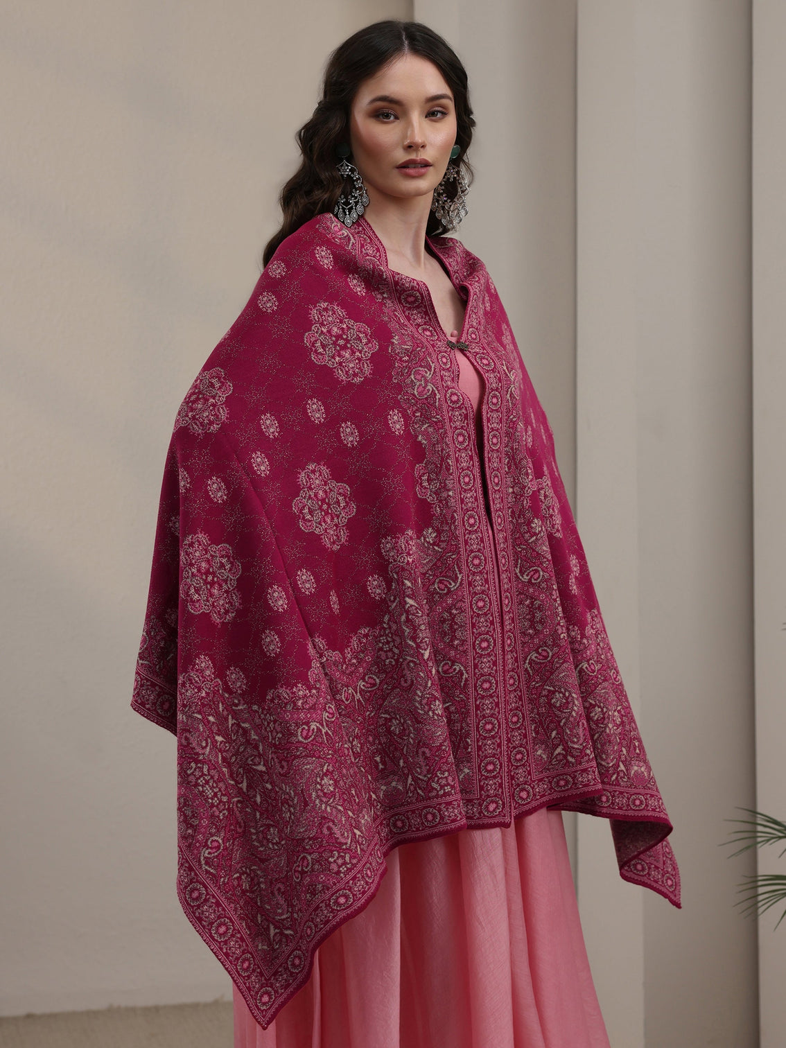 Mameraa Raspberry Pink Ethnic Knitted Acrylic Wrap Shawl