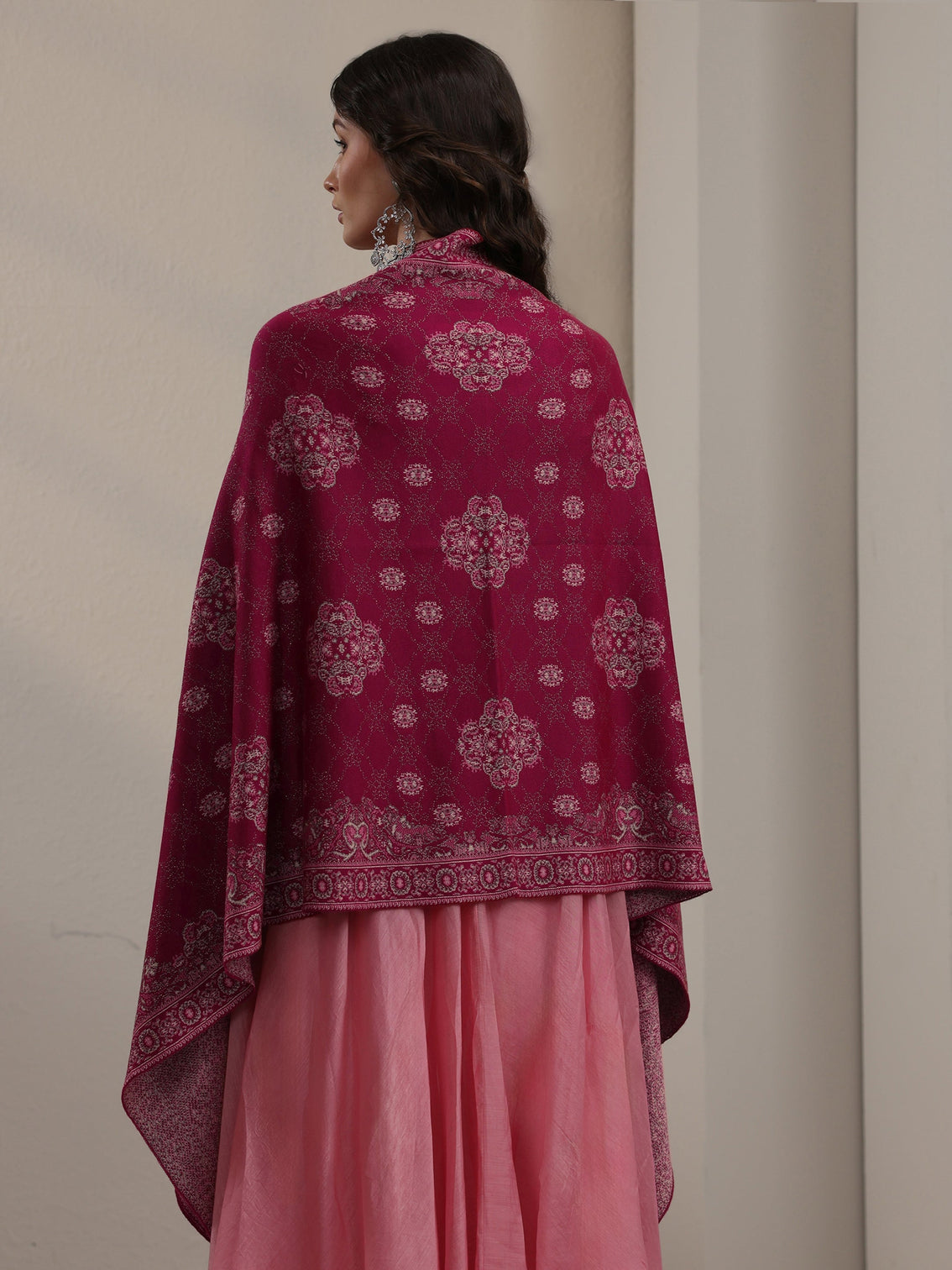 Mameraa Raspberry Pink Ethnic Knitted Acrylic Wrap Shawl
