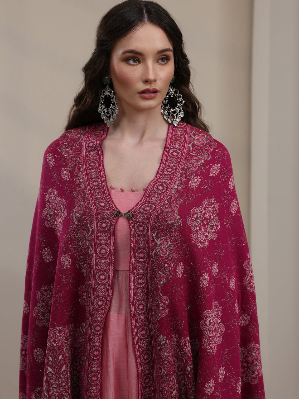 Mameraa Raspberry Pink Ethnic Knitted Acrylic Wrap Shawl