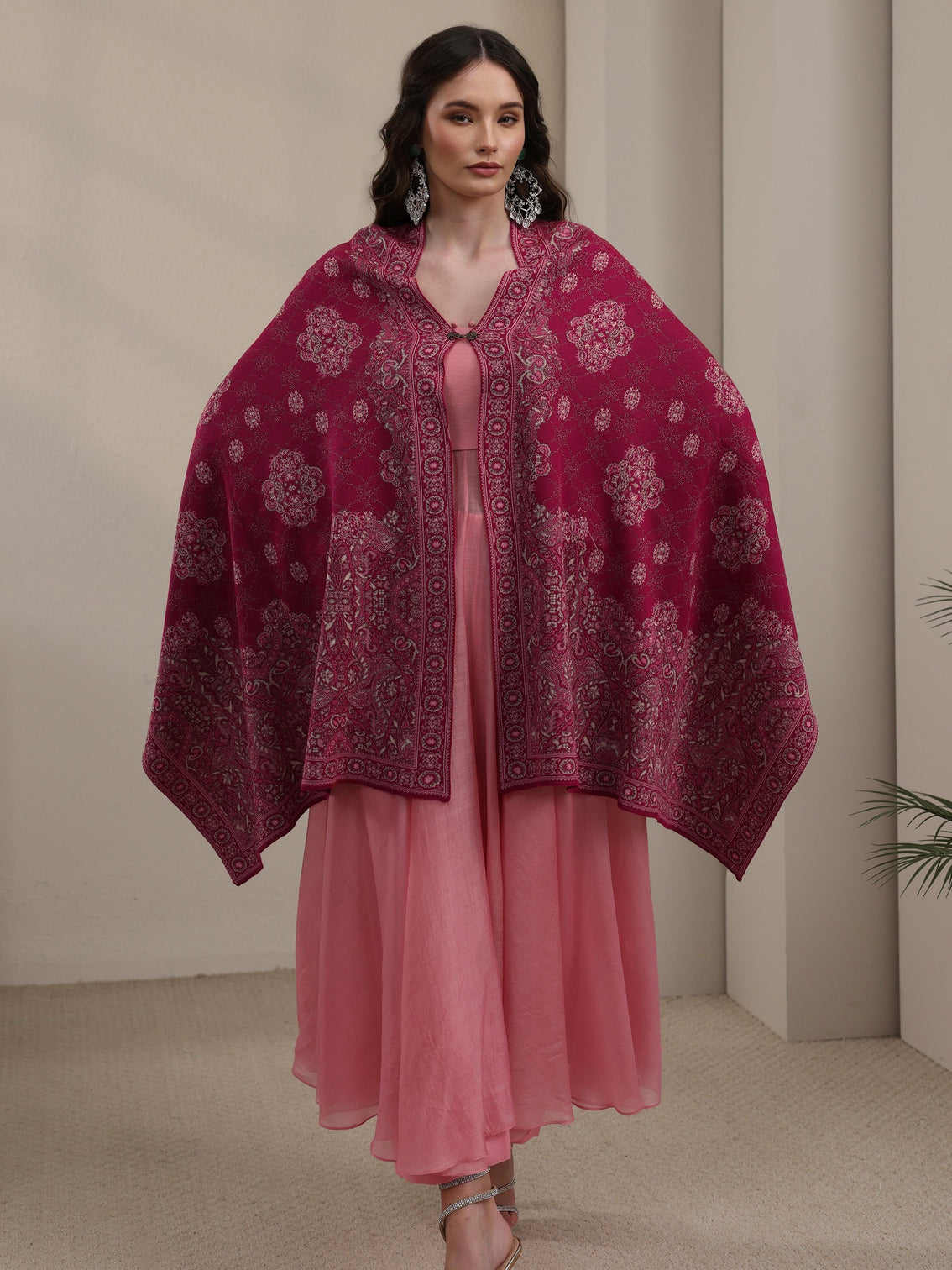 Mameraa Raspberry Pink Ethnic Knitted Acrylic Wrap Shawl