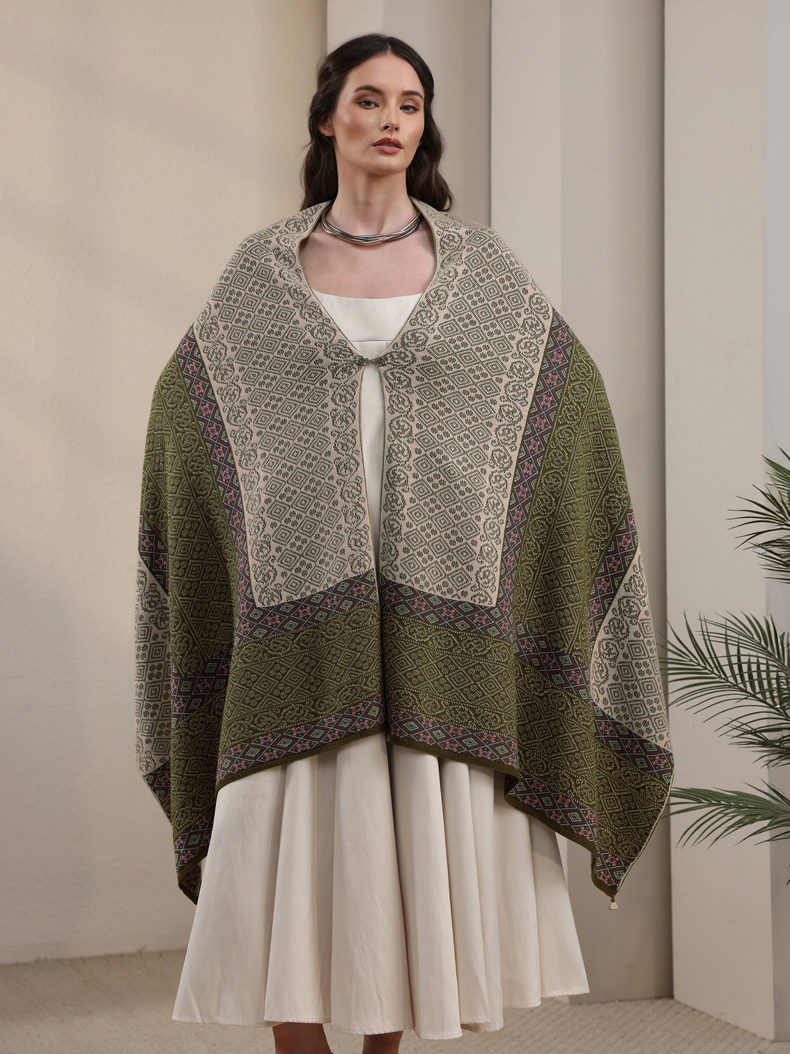 Mameraa Green Ethnic Knitted Acrylic Wrap Shawl