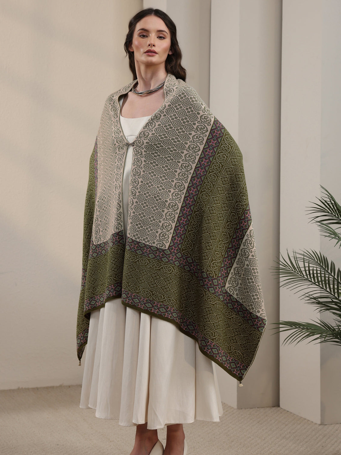 Mameraa Green Ethnic Knitted Acrylic Wrap Shawl