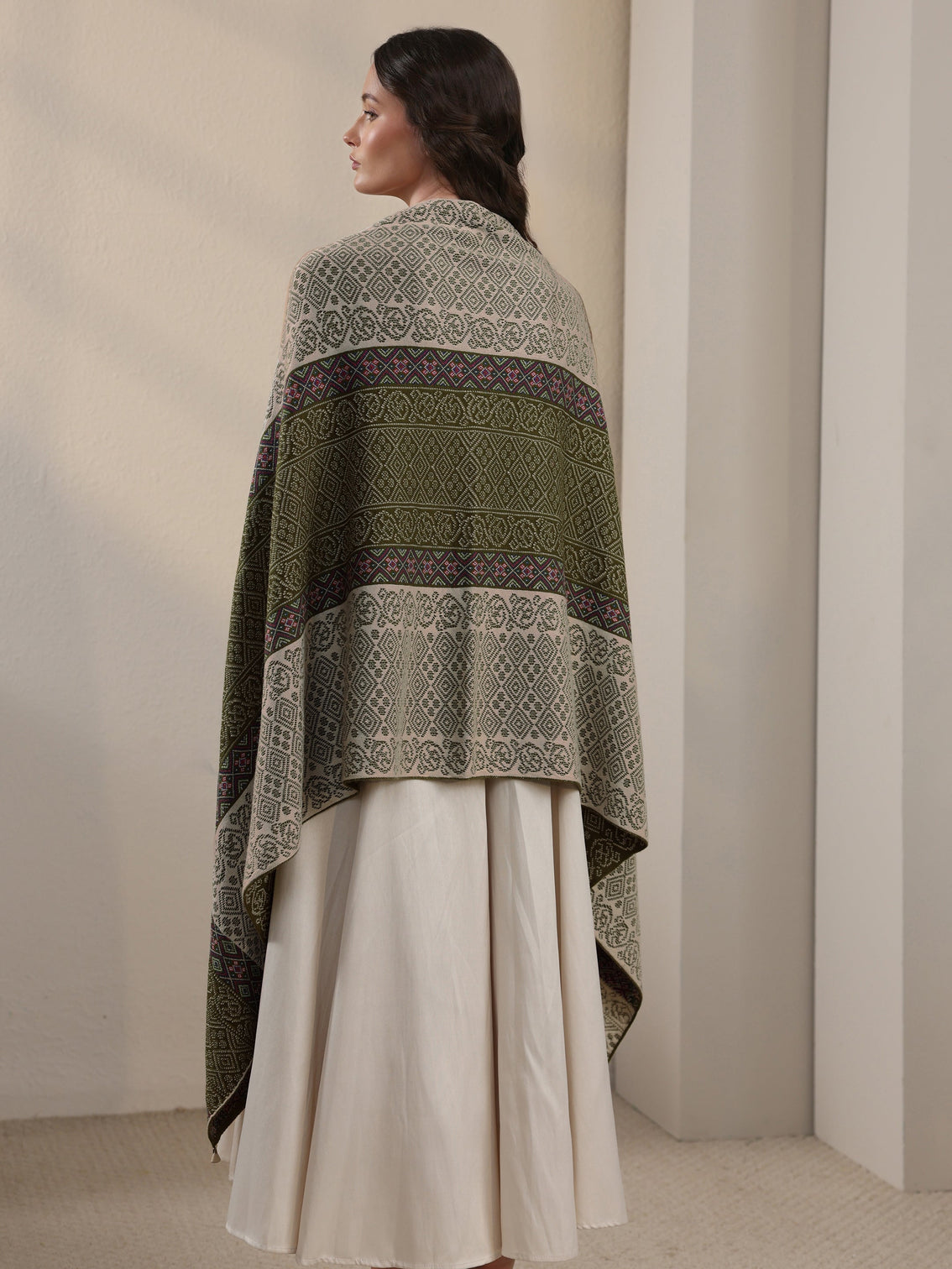 Mameraa Green Ethnic Knitted Acrylic Wrap Shawl