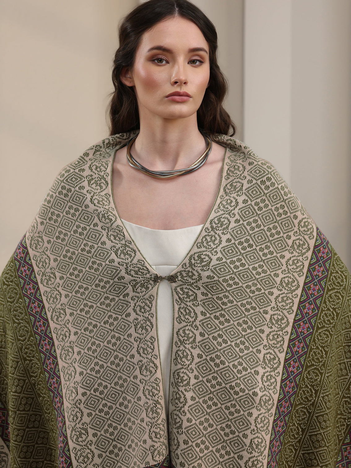 Mameraa Green Ethnic Knitted Acrylic Wrap Shawl