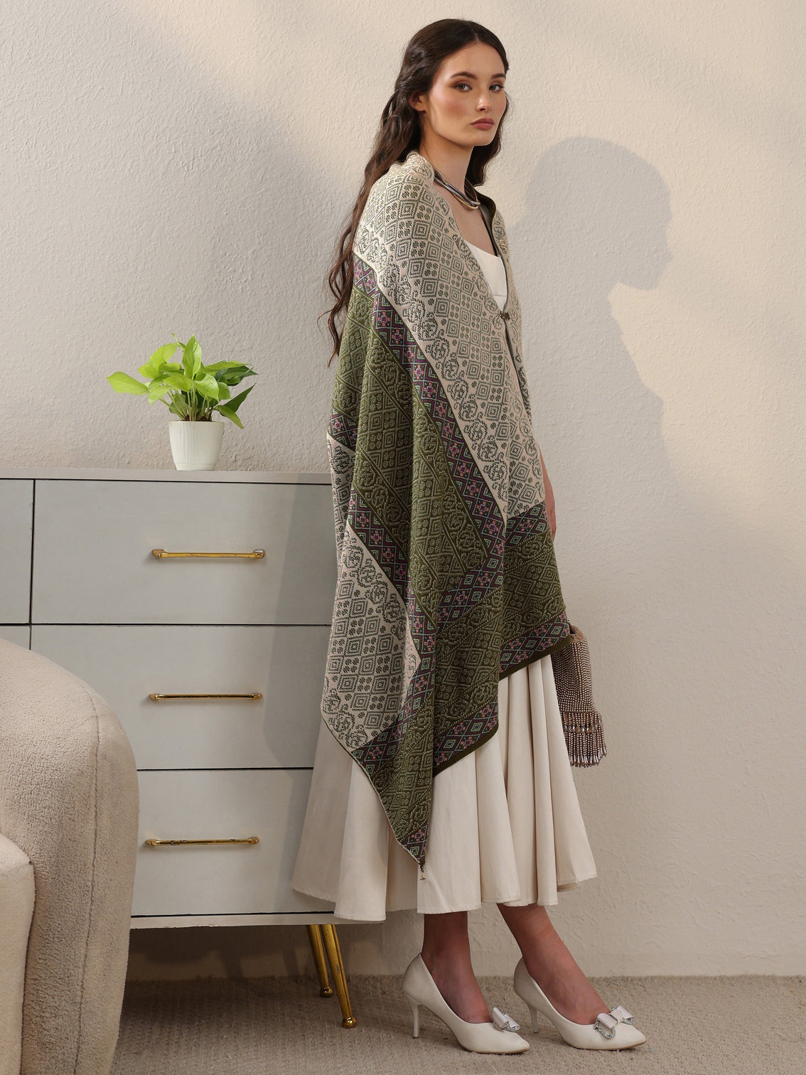 Mameraa Green Ethnic Knitted Acrylic Wrap Shawl