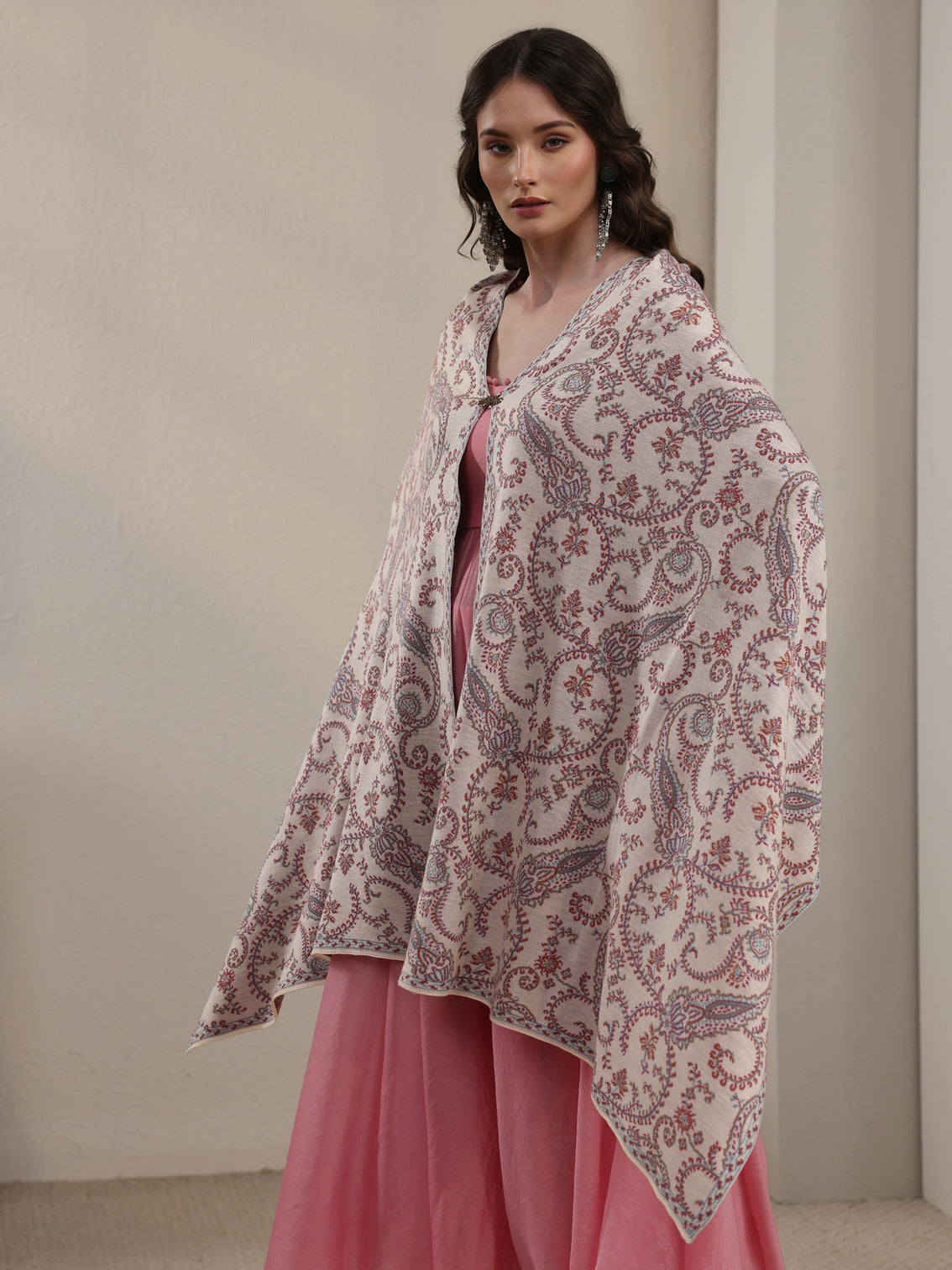 Mameraa Off White Paisley Knitted Acrylic Wrap Shawl