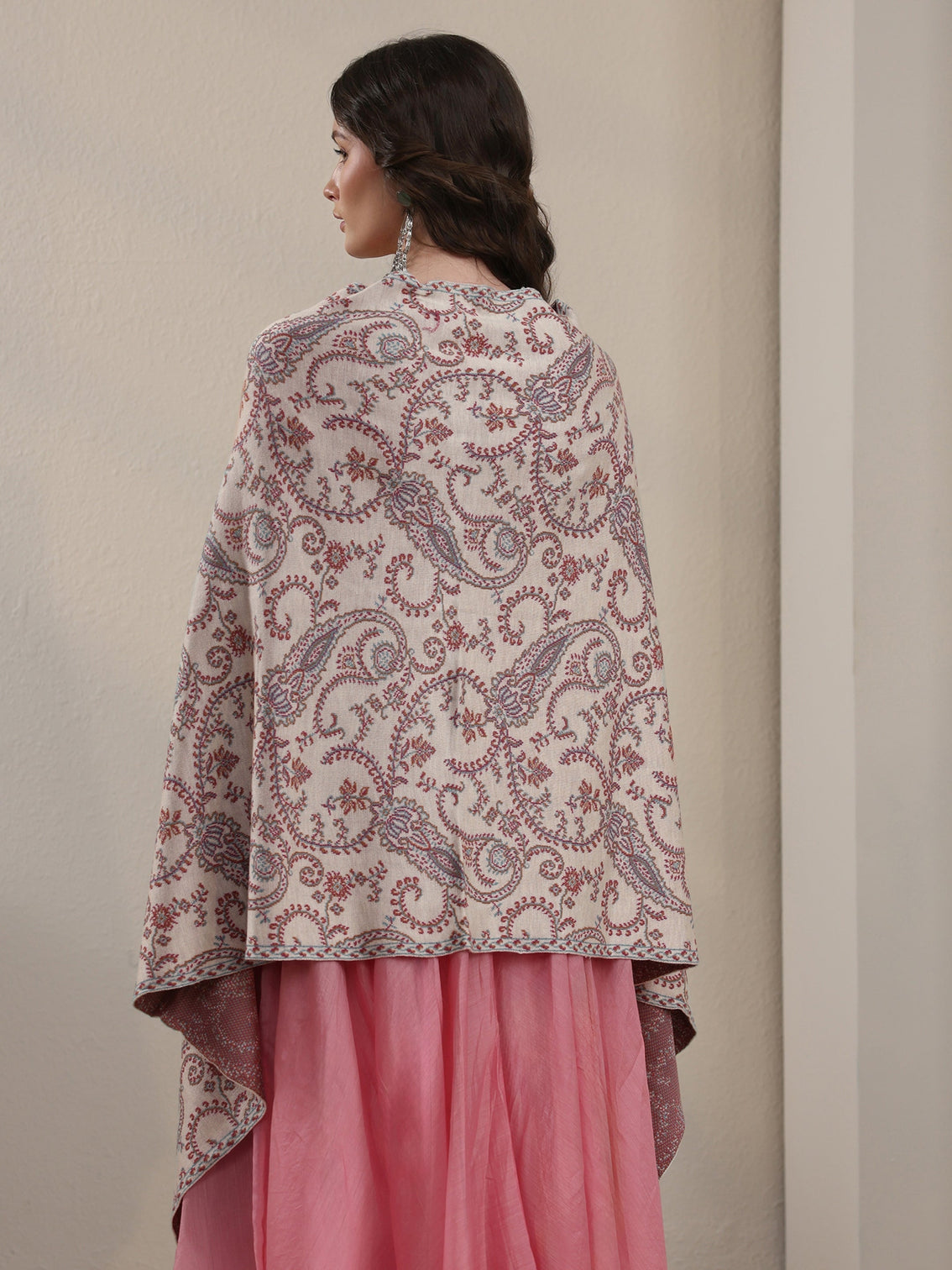 Mameraa Off White Paisley Knitted Acrylic Wrap Shawl