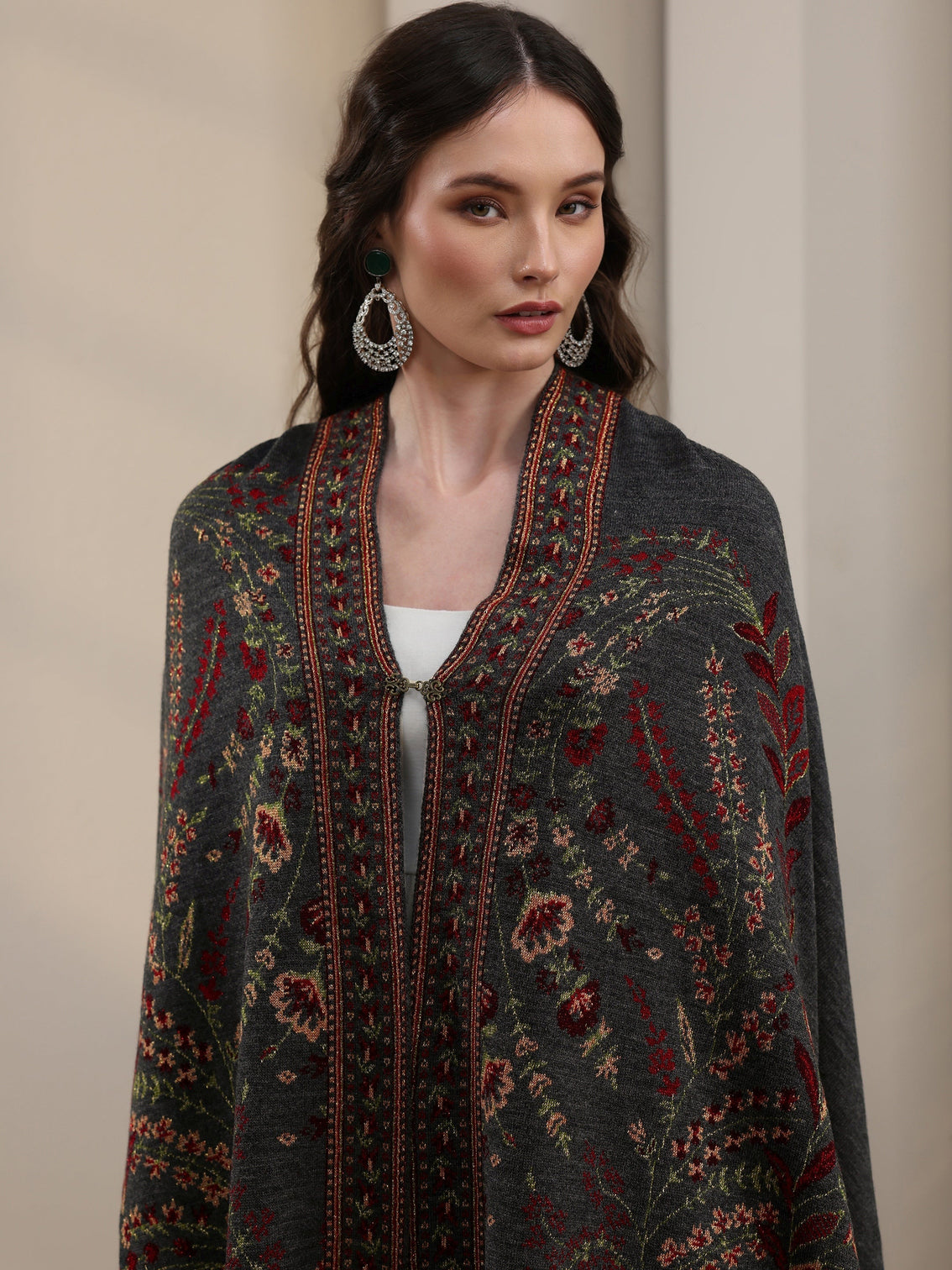 Mameraa Dark Grey Floral Knitted Acrylic Wrap Shawl