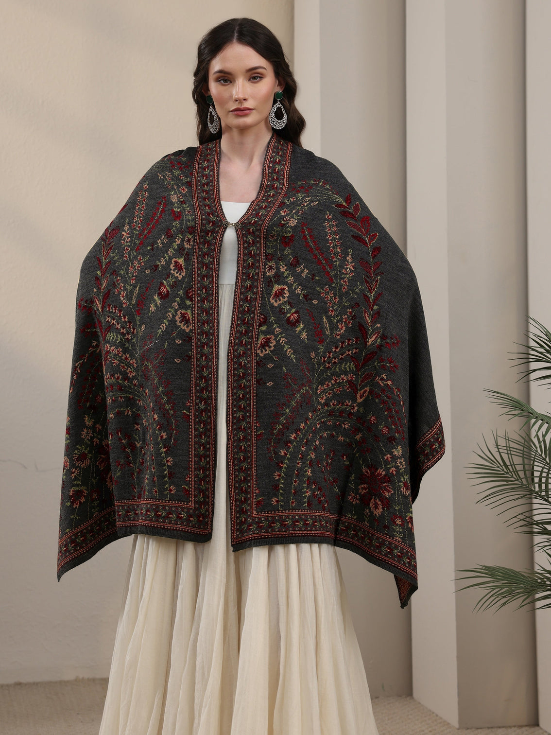 Mameraa Dark Grey Floral Knitted Acrylic Wrap Shawl