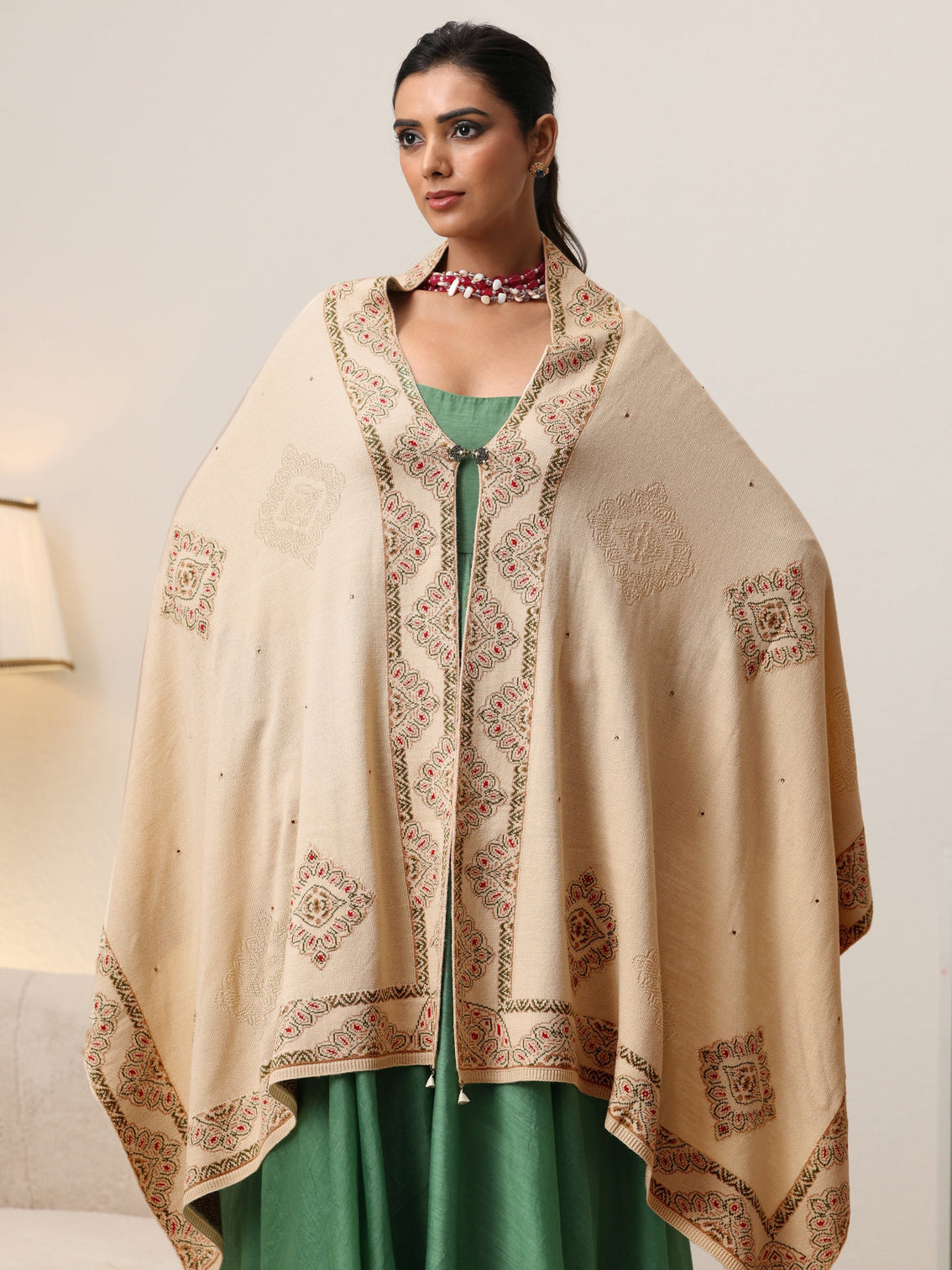 Mameraa Beige Knitted Acrylic Wrap Shawl