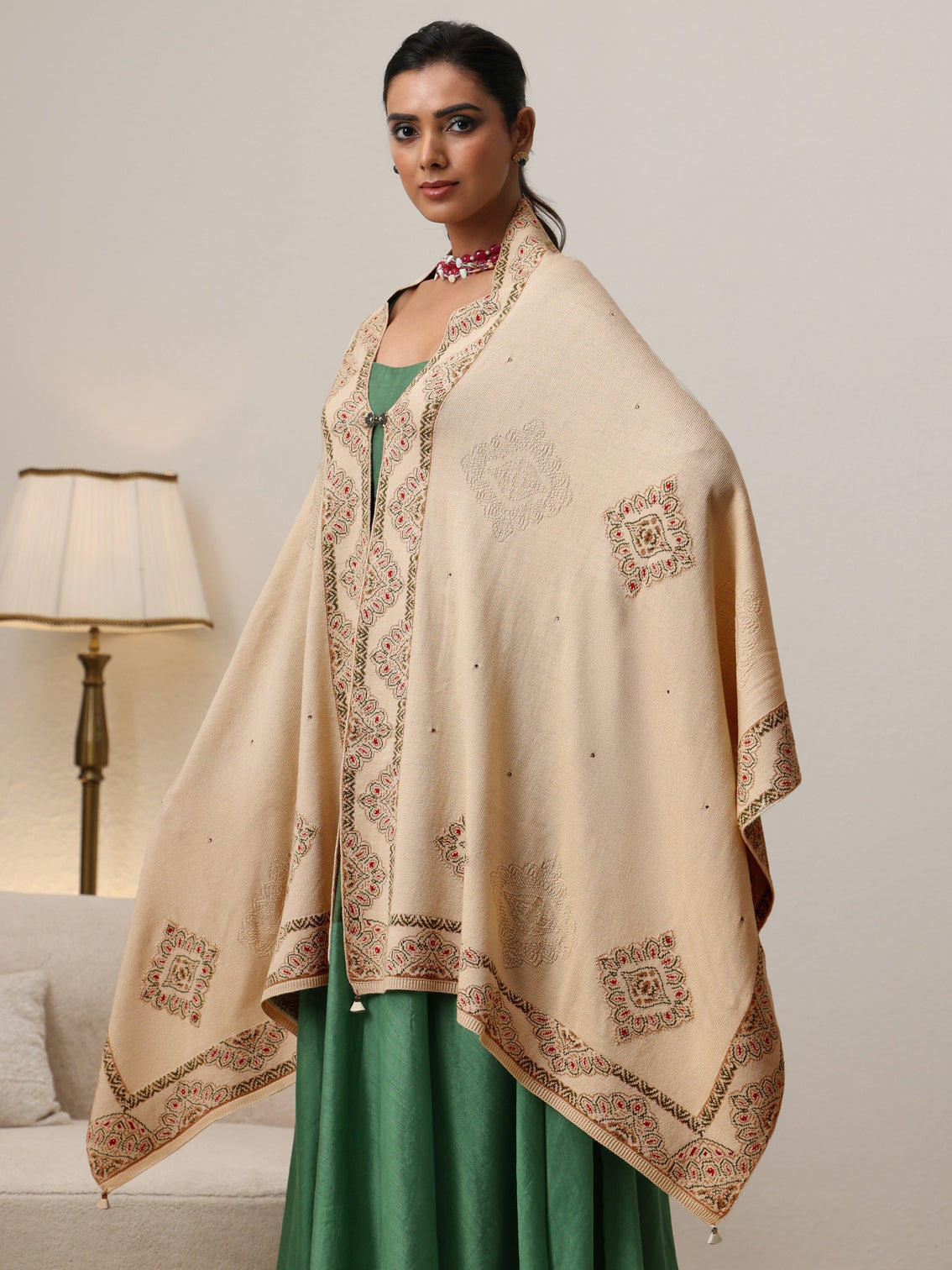 Mameraa Beige Knitted Acrylic Wrap Shawl