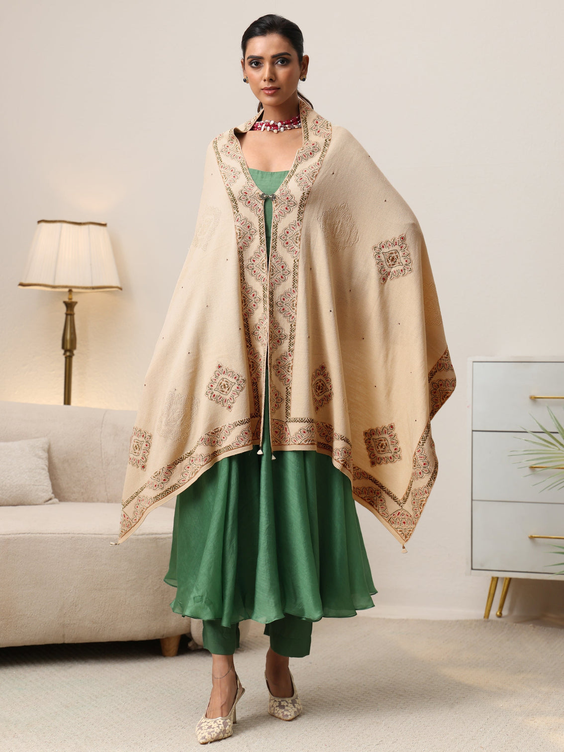 Mameraa Beige Knitted Acrylic Wrap Shawl