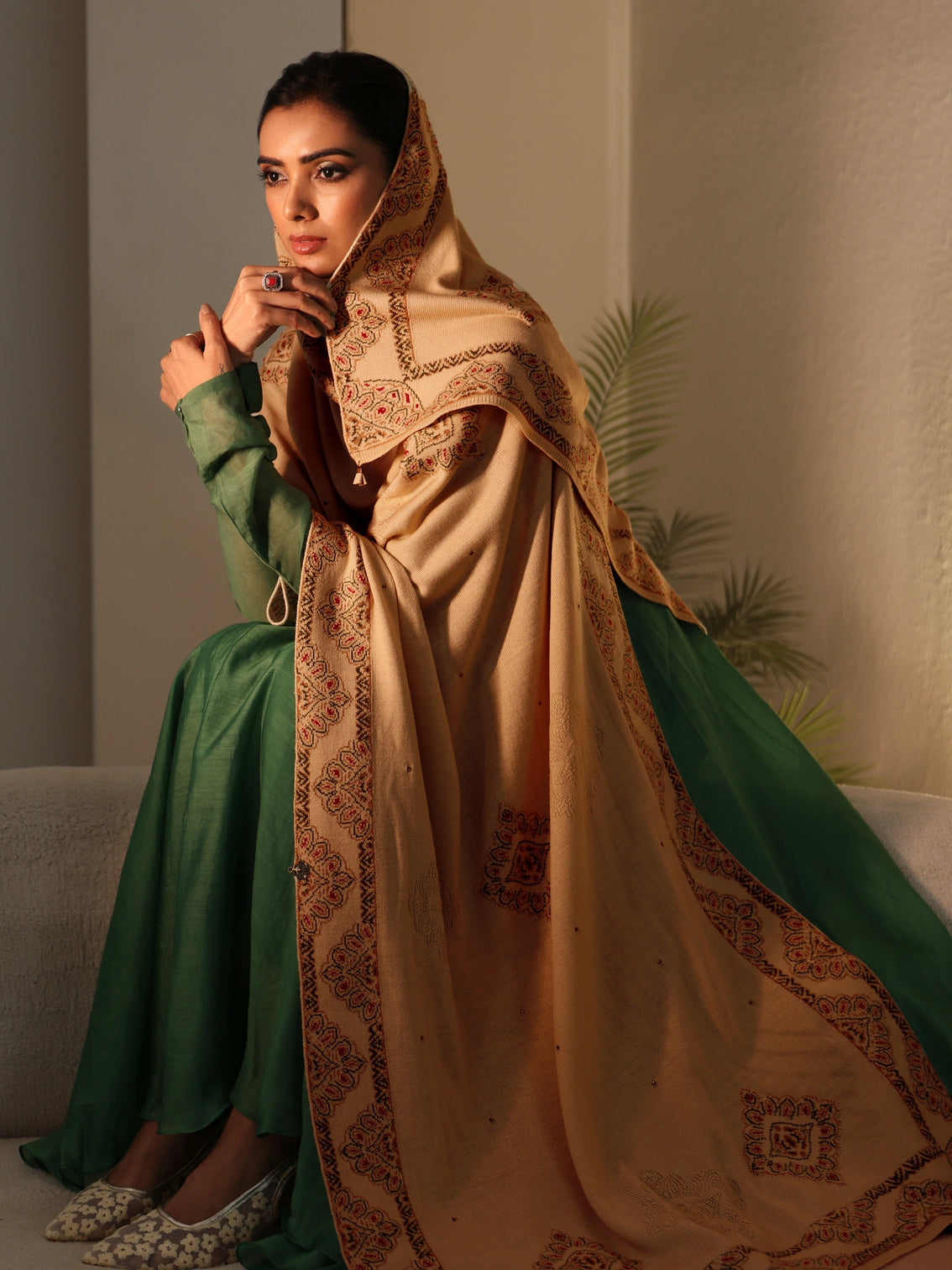Mameraa Beige Knitted Acrylic Wrap Shawl