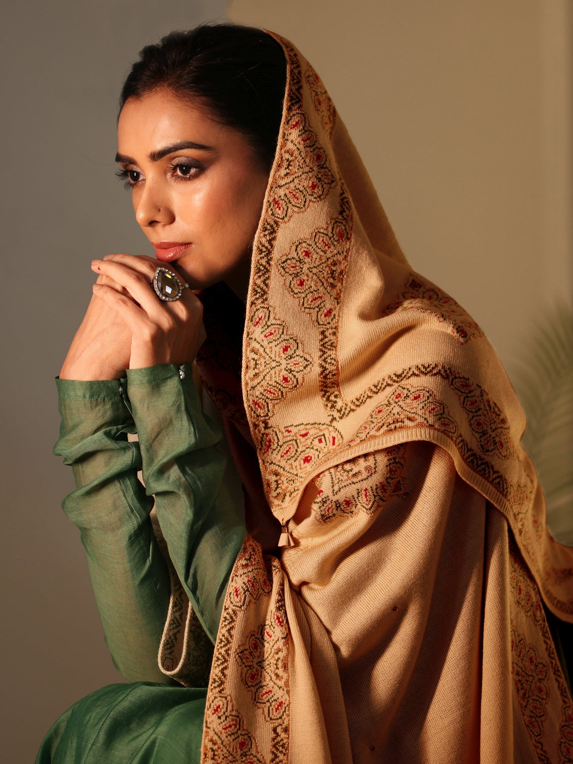 Mameraa Beige Knitted Acrylic Wrap Shawl