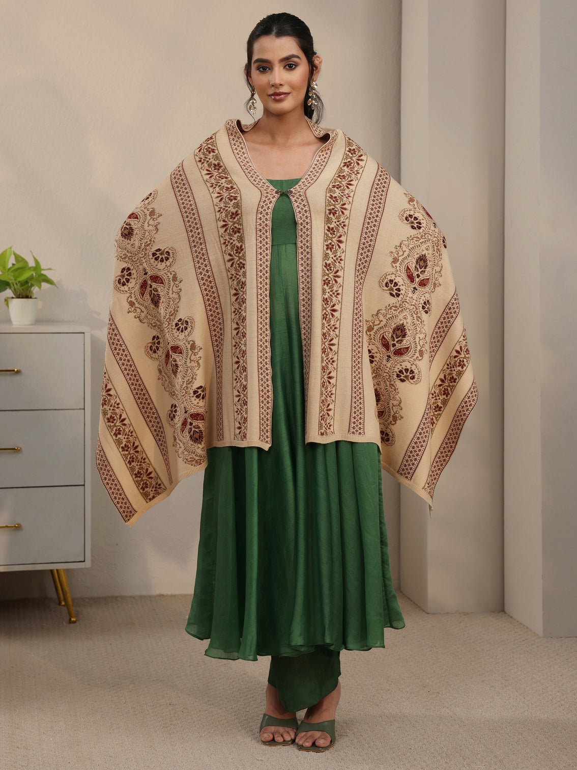 Mameraa Beige Ethnic Knitted Acrylic Wrap Shawl