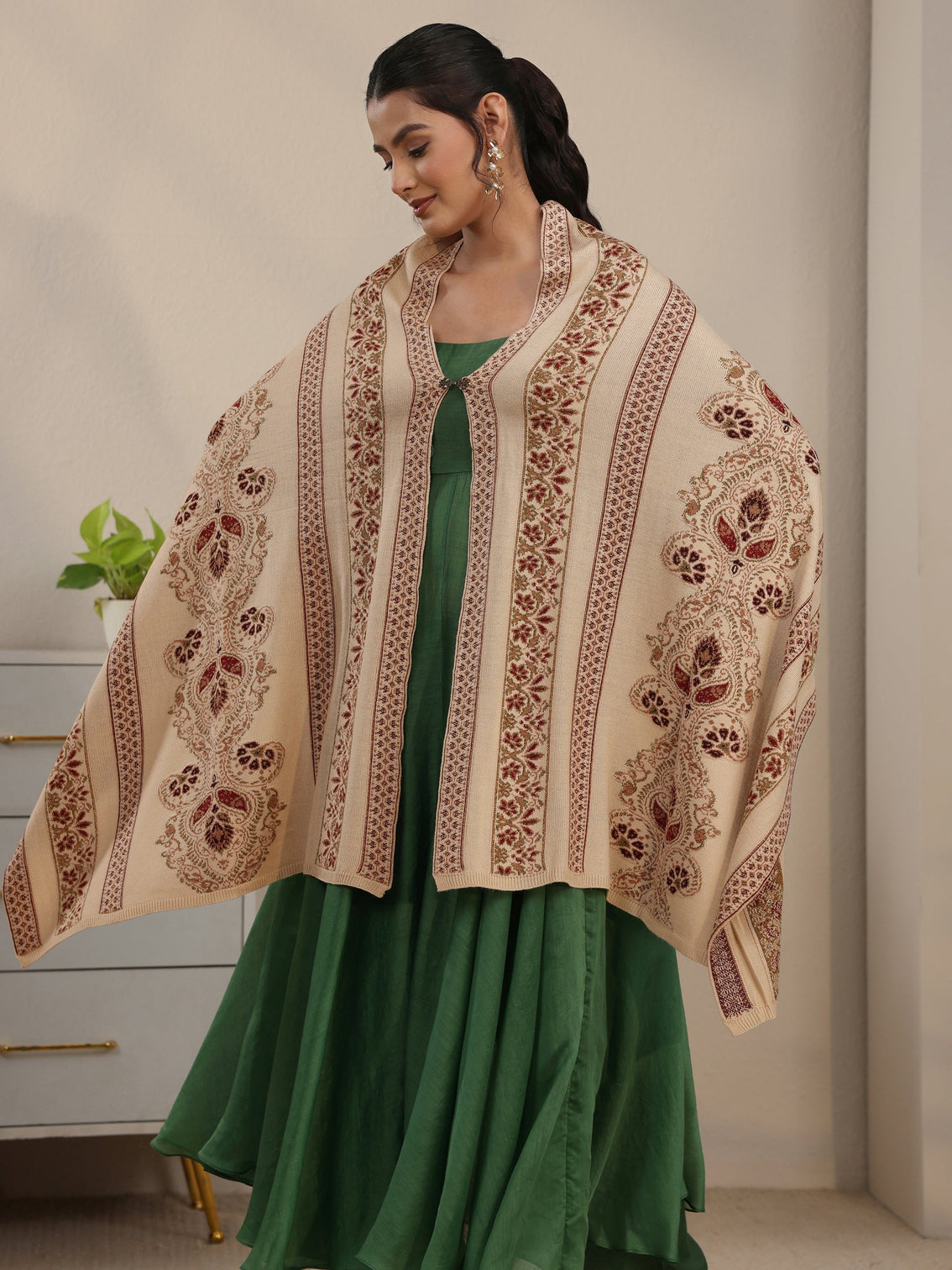 Mameraa Beige Ethnic Knitted Acrylic Wrap Shawl