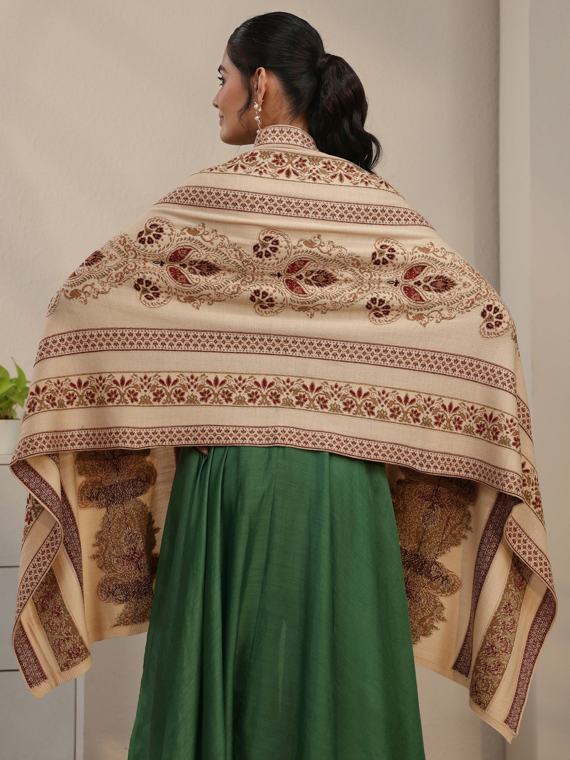 Mameraa Beige Ethnic Knitted Acrylic Wrap Shawl