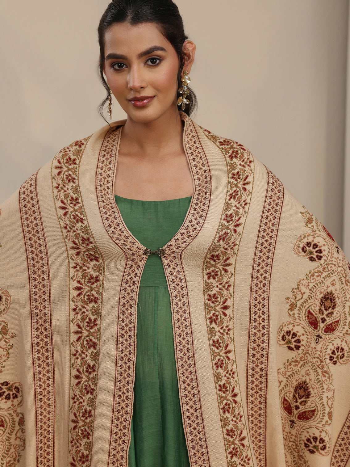Mameraa Beige Ethnic Knitted Acrylic Wrap Shawl