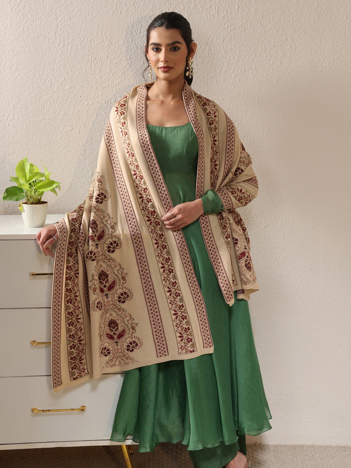 Mameraa Beige Ethnic Knitted Acrylic Wrap Shawl