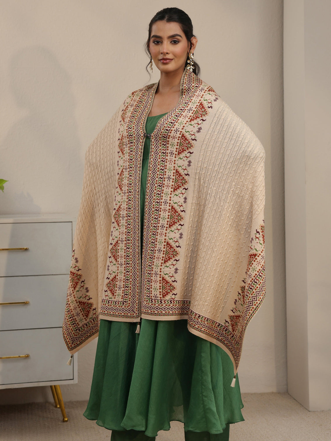 Mameraa Beige Cable Knit Acrylic Wrap Shawl
