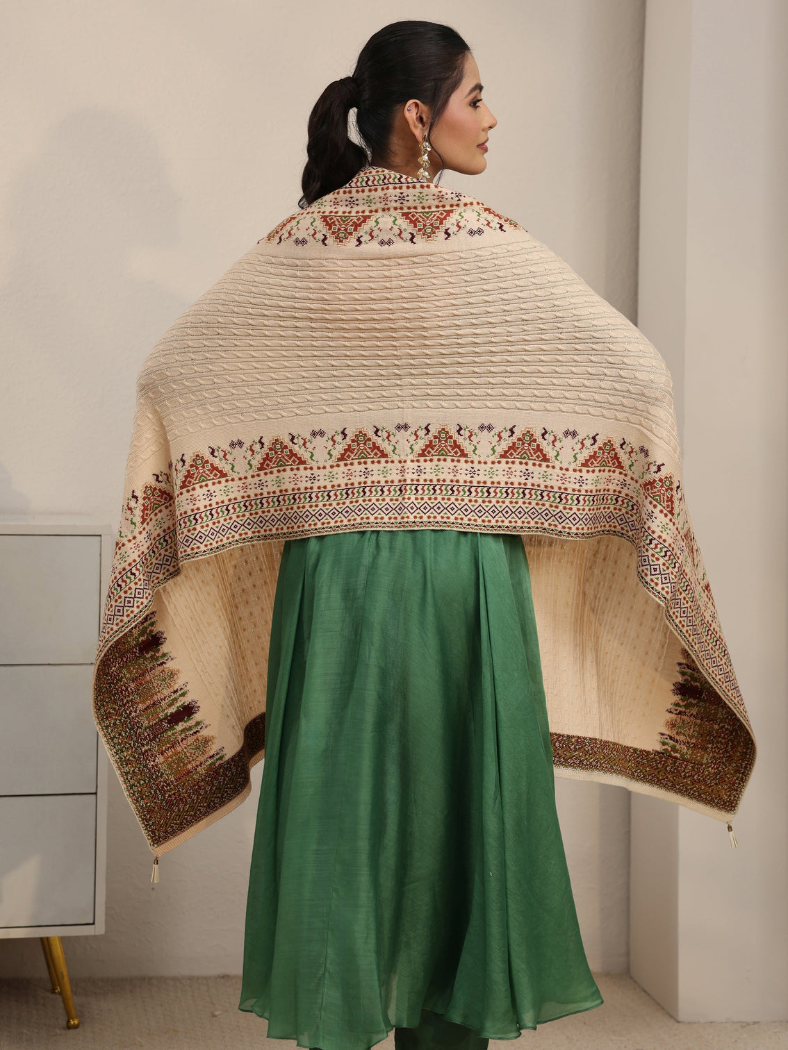 Mameraa Beige Cable Knit Acrylic Wrap Shawl