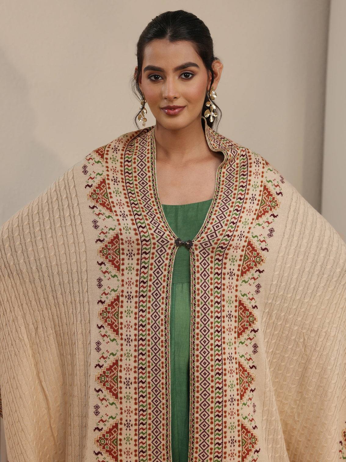 Mameraa Beige Cable Knit Acrylic Wrap Shawl