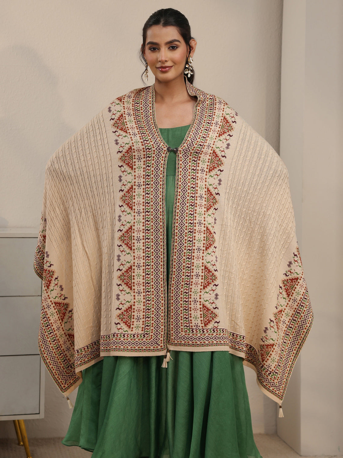 Mameraa Beige Cable Knit Acrylic Wrap Shawl