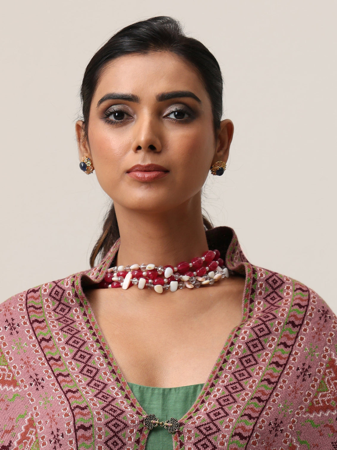 Mameraa Mauve Geometric Knitted Acrylic Wrap Shawl