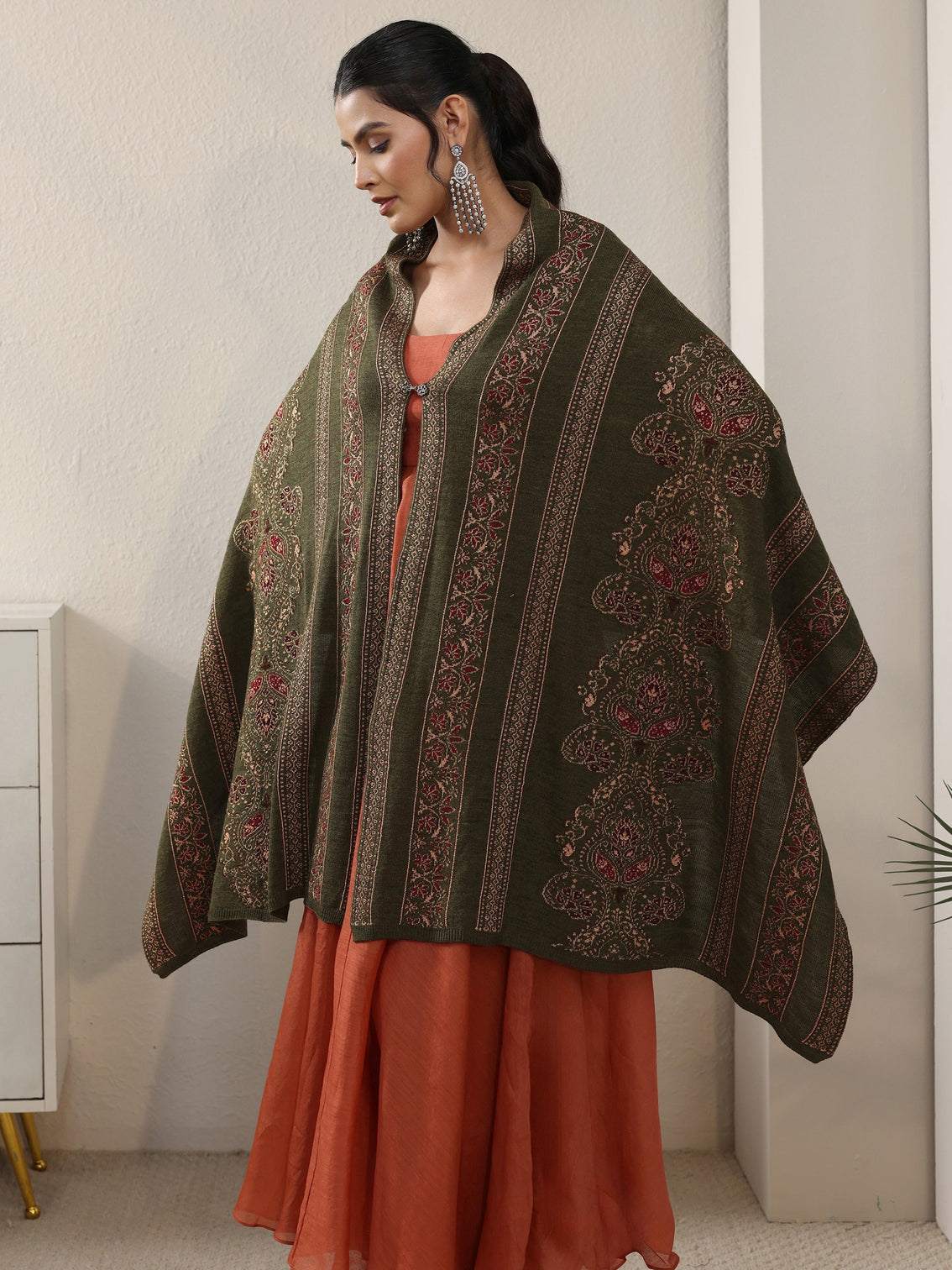 Mameraa Olive Green Ethnic Knitted Acrylic Wrap Shawl