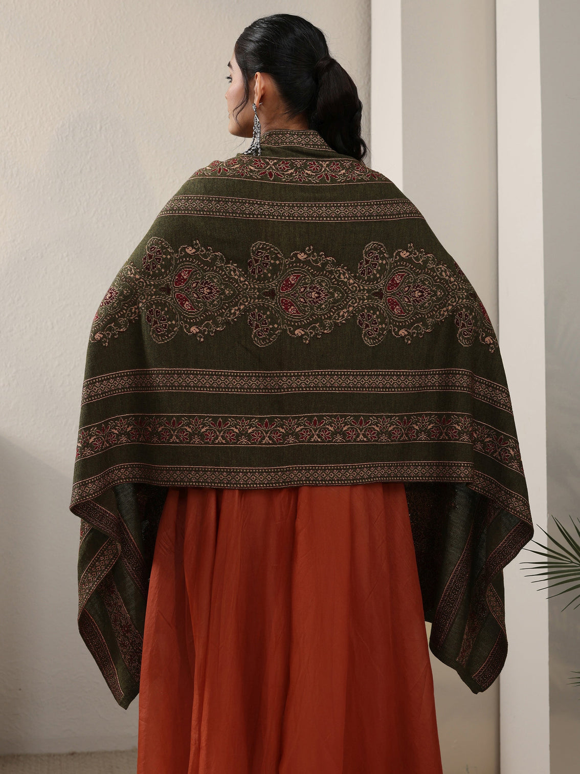Mameraa Olive Green Ethnic Knitted Acrylic Wrap Shawl