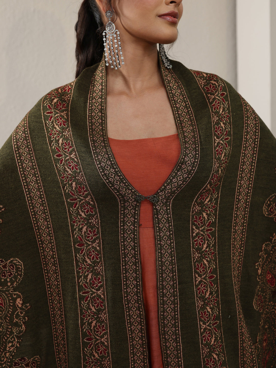 Mameraa Olive Green Ethnic Knitted Acrylic Wrap Shawl