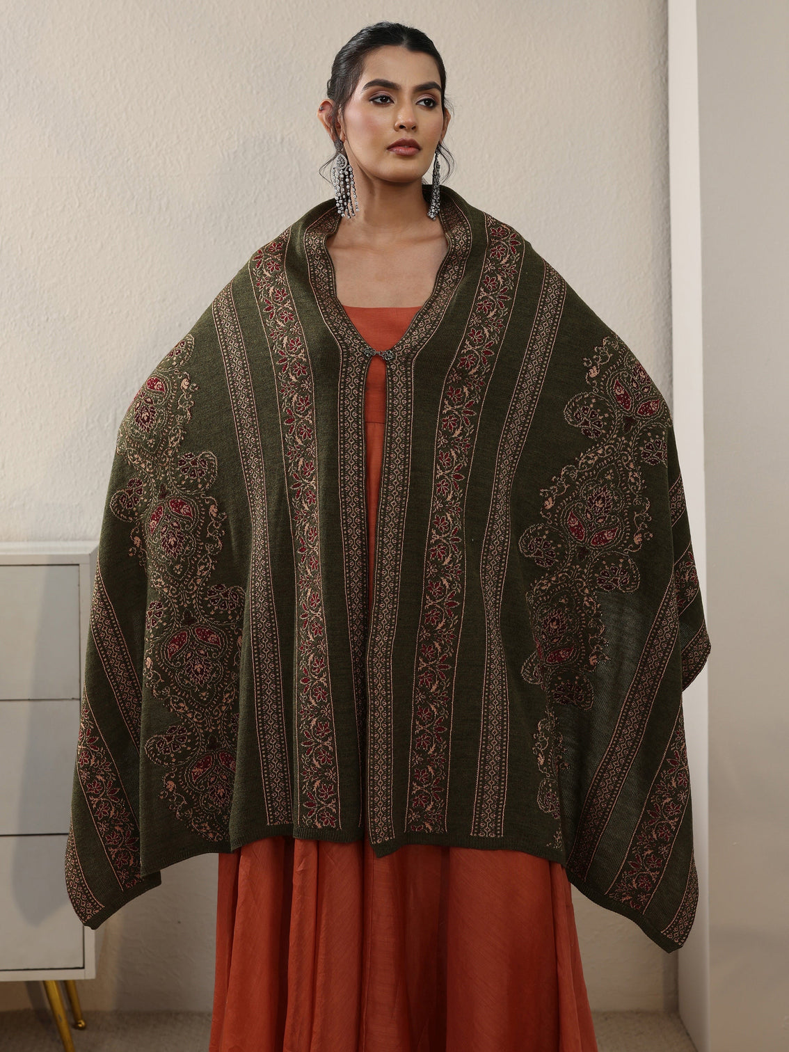 Mameraa Olive Green Ethnic Knitted Acrylic Wrap Shawl