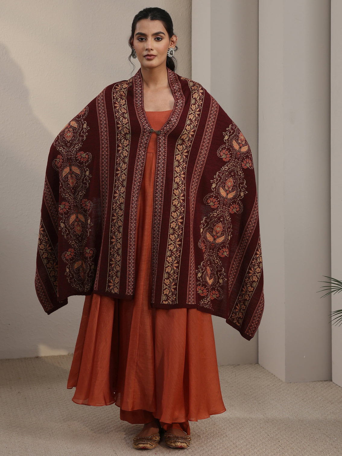 Mameraa Maroon Ethnic Knitted Acrylic Wrap Shawl