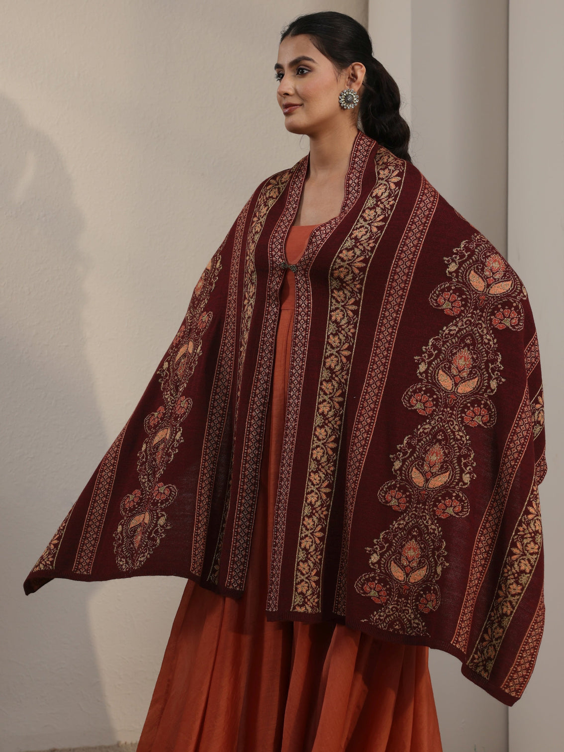 Mameraa Maroon Ethnic Knitted Acrylic Wrap Shawl