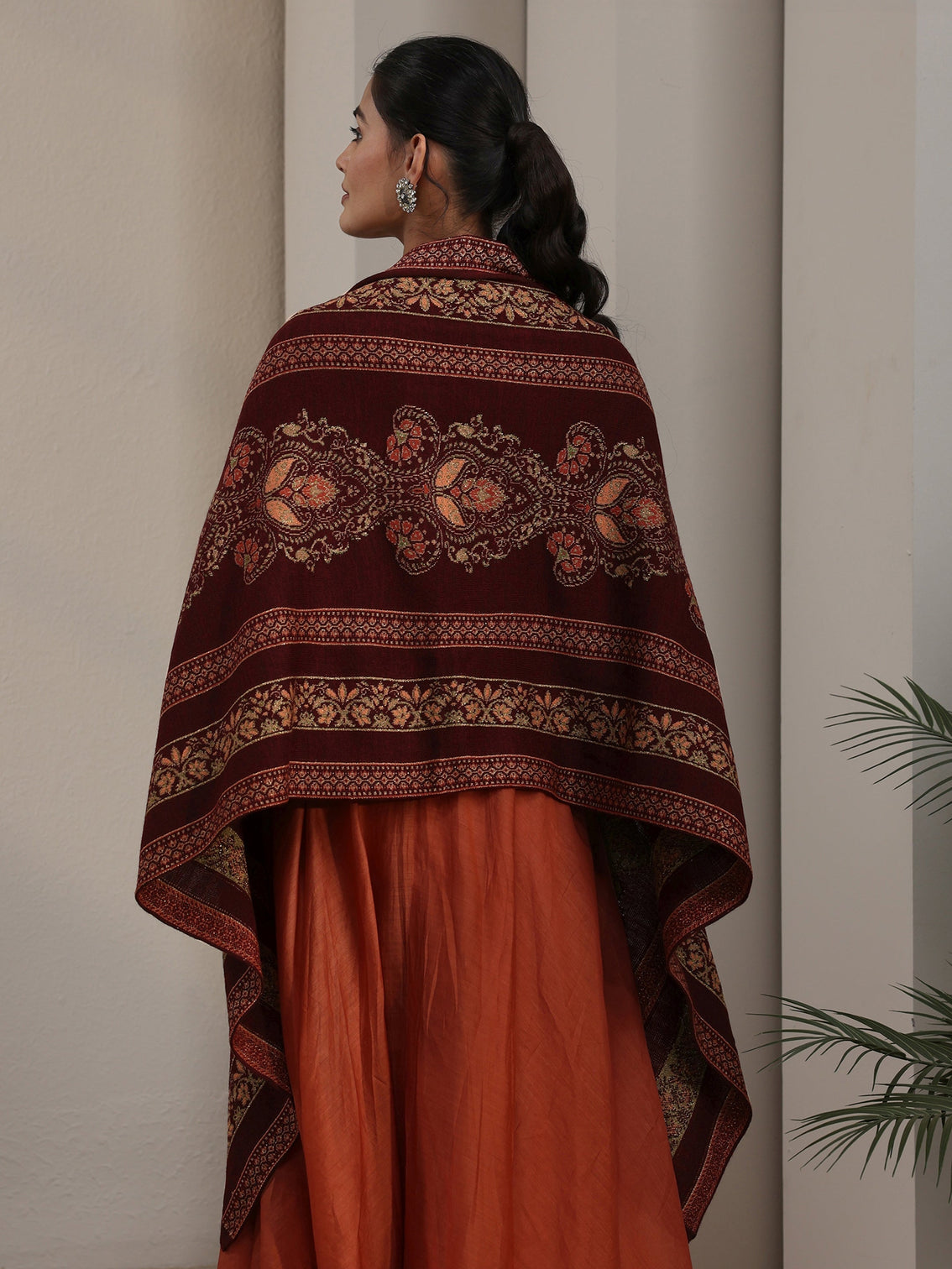 Mameraa Maroon Ethnic Knitted Acrylic Wrap Shawl